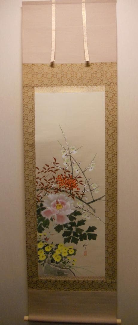 掛け軸 暁春 四季の花 絹本 希少 軸装 茶道具 掛軸 美品 です。