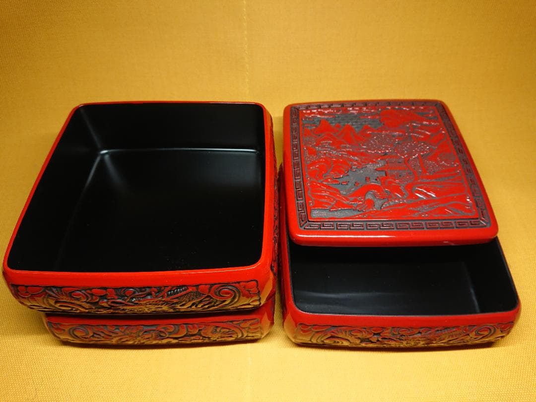 【美品】堆朱　龍　山水彫　漆器　置物　インテリア　工芸品　美術品　A1080