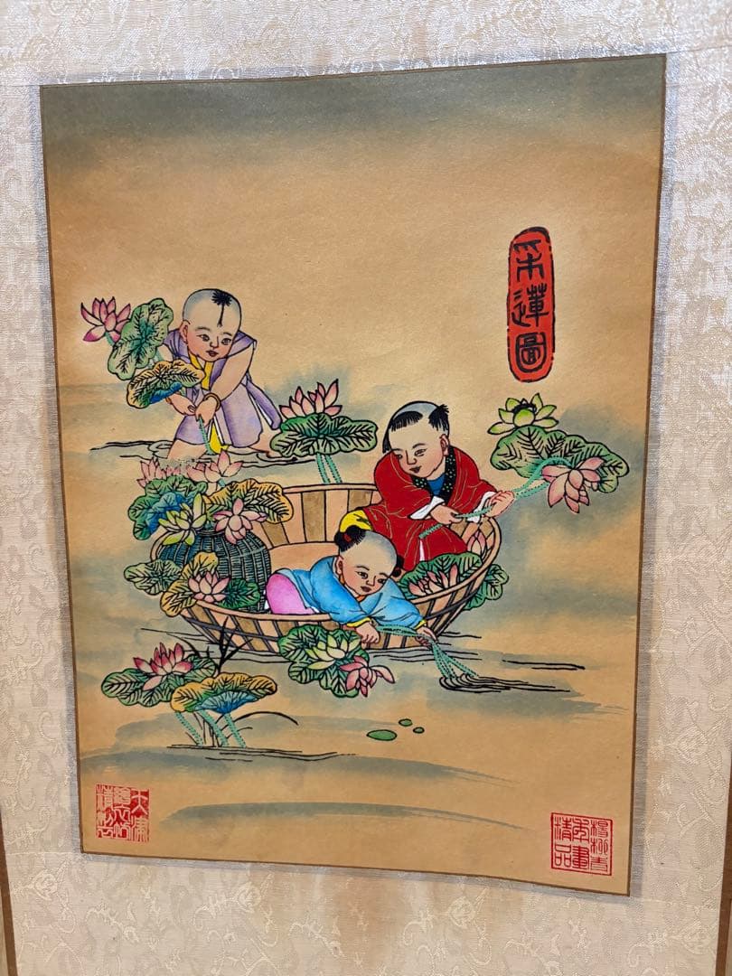 子供たちと雪だるまの水墨画掛け軸4セント