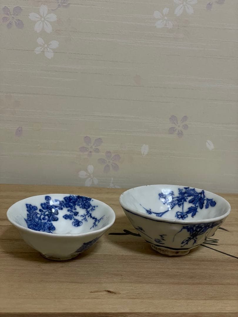 京焼 名工 清水七兵衛 造 在銘 染付煎茶碗 二客 煎茶道具 時代物 骨董 美品