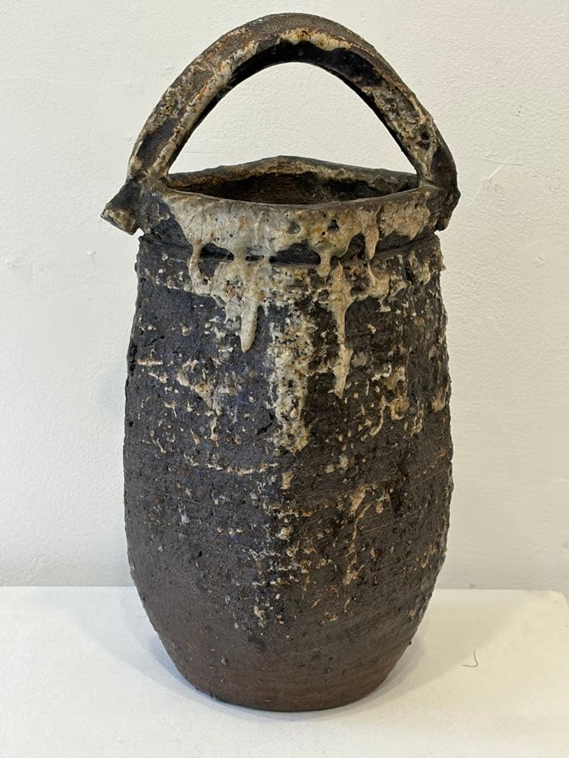 備前焼　焼きじめ　花器　花生け　茶道具　銘有　釉薬だれ　高31cm