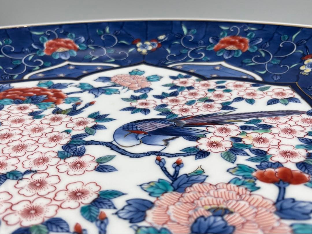 【極美品 】有田焼 峯山作 特大皿 鳳凰 牡丹 桜 金彩 色絵 飾り皿 尺三超え