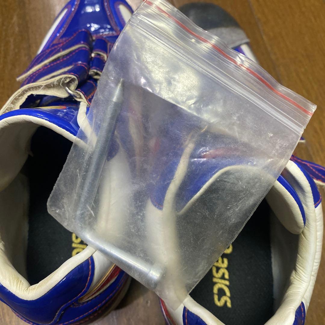 asics 野球スパイクシューズ 青/白/赤 ベルクロ、ゴールドステージ