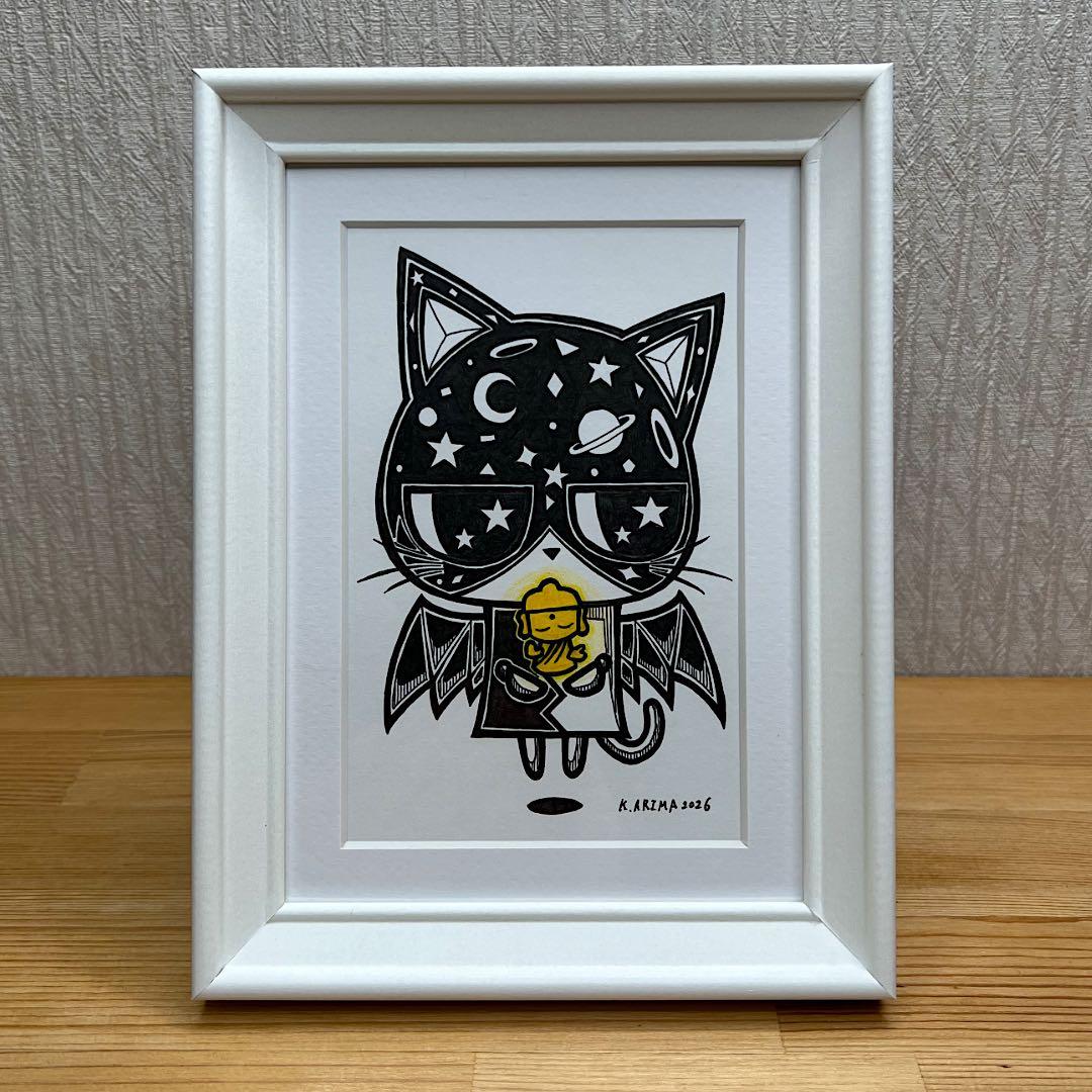 動物 原画 絵 手描き 癒し 猫 仏様 一点物 額縁付き 『ほとけニャン』
