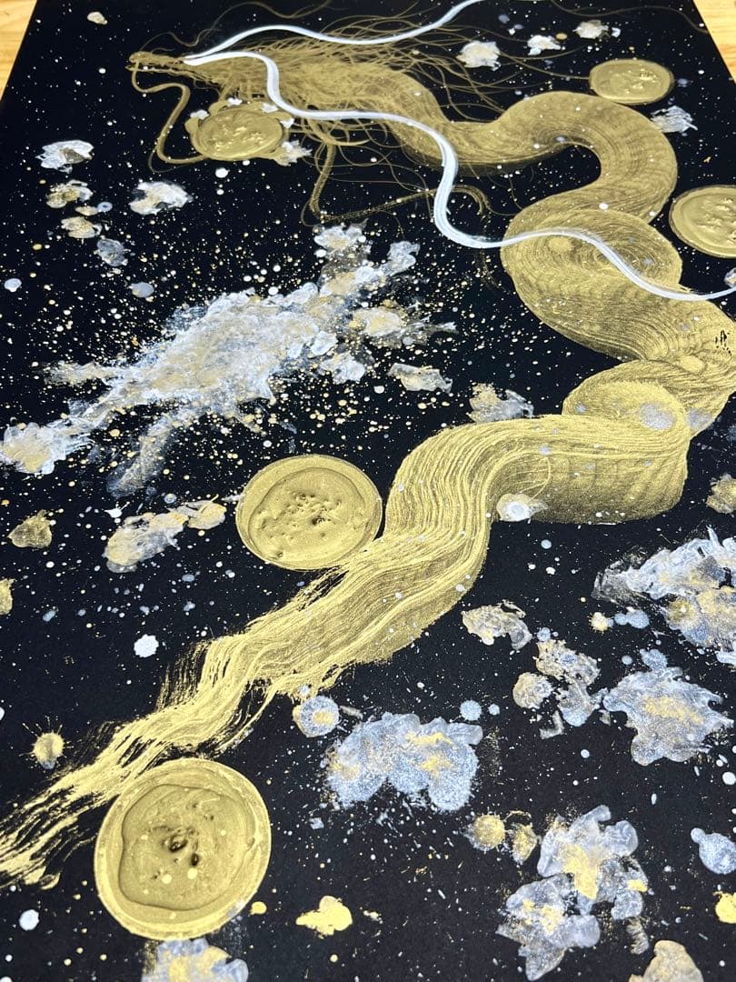 B2サイズ特大　【黄金龍】　開運　置物　龍　絵画　一筆龍　隕石