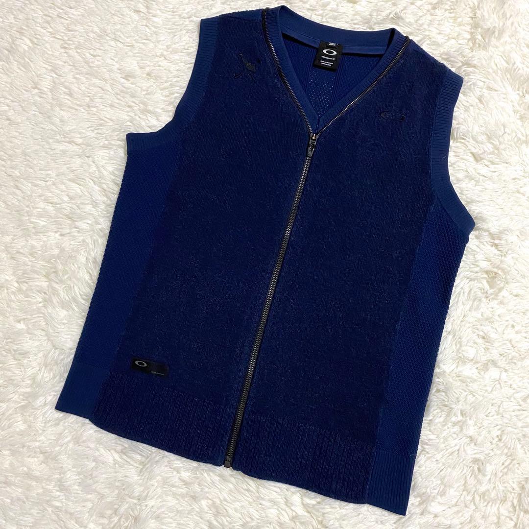 オークリー　ベスト　ジップ　刺繍ロゴ　ゴルフ　スカル　メッシュ　ネイビー　M