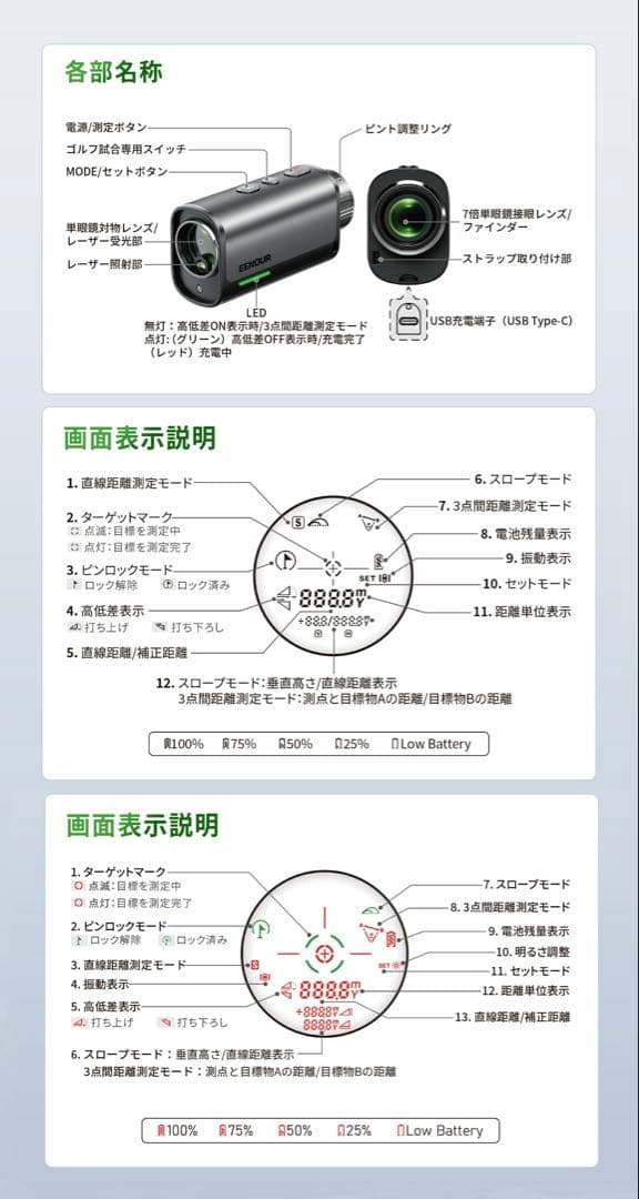 EENOUR ゴルフ用レーザー距離計 ホワイト　U2