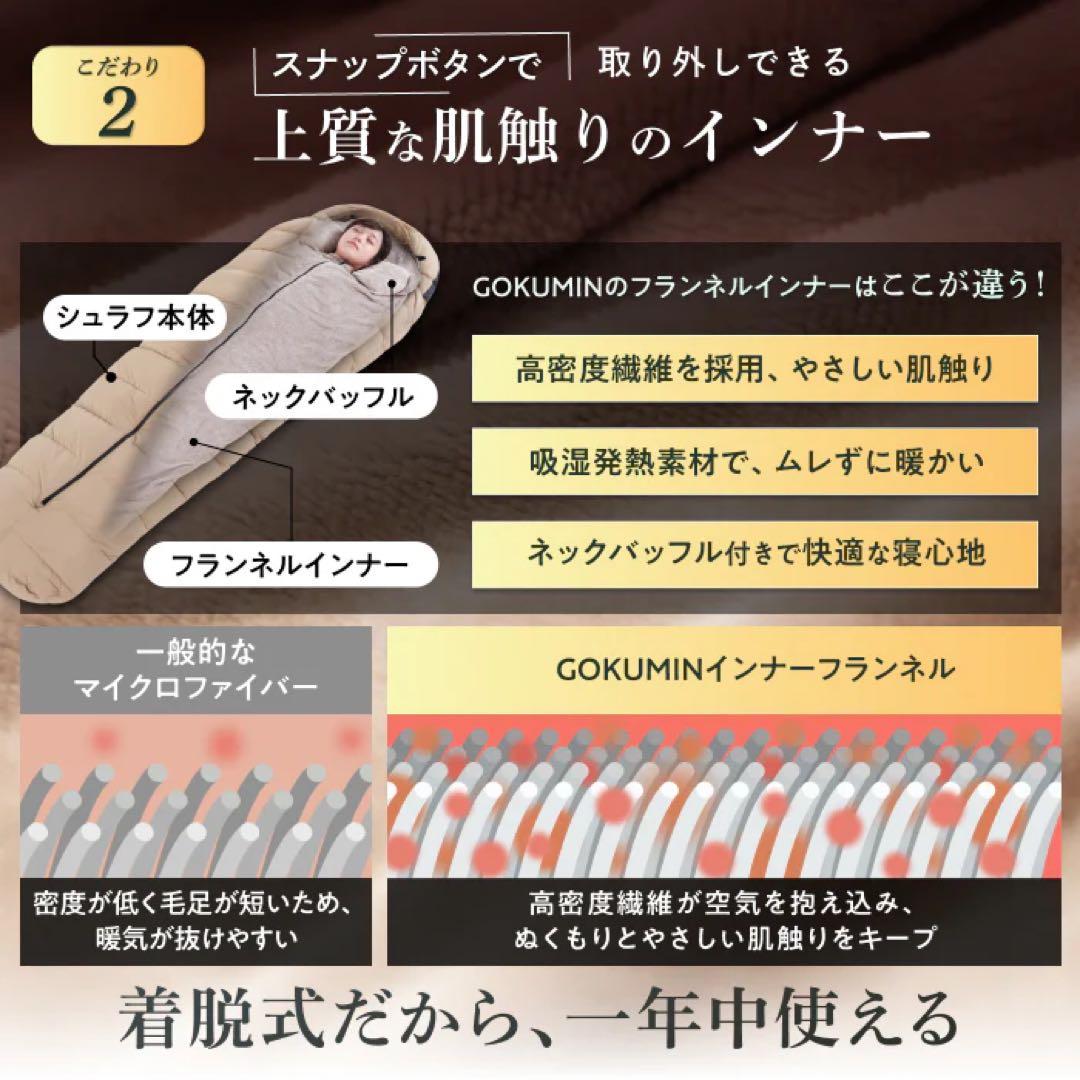 GOKUMIN 寝袋 シュラフ 冬用 マミー型 使用下限温度-15℃まで ダウン