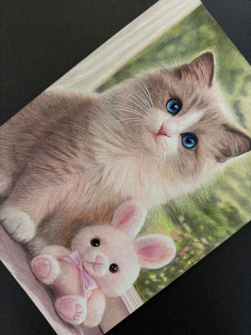 色鉛筆画A4 窓辺のともだち