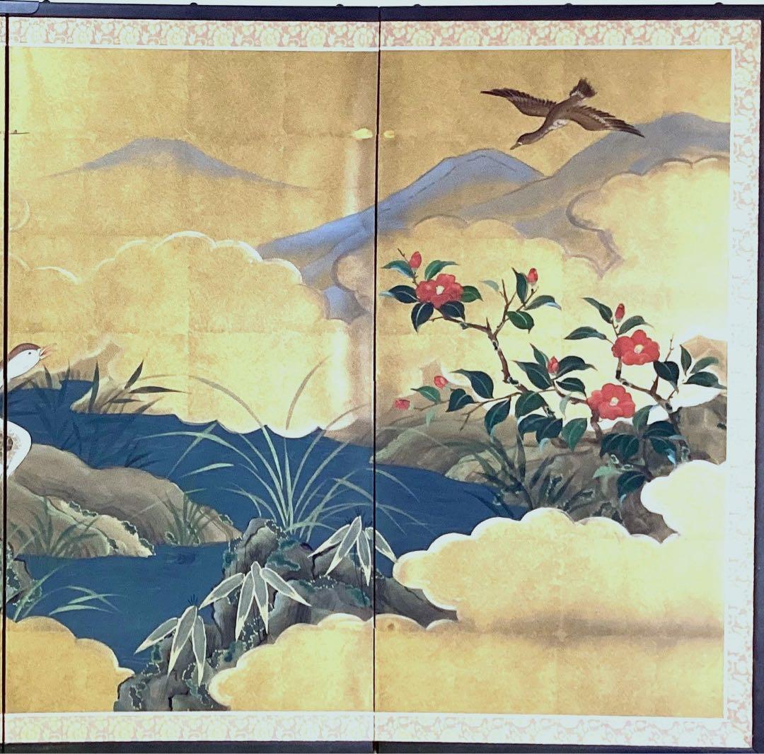 四つ折り屏風　日本画　金箔彩色　『鴨に梅・芙蓉』