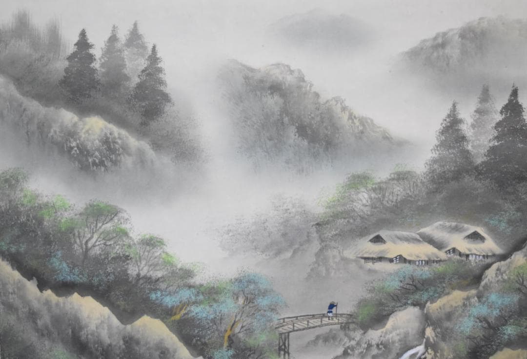 西脇繁華 紫光 山水 水墨絵 手巻き画絵巻 日本画軸絹本 立軸 WWKK006