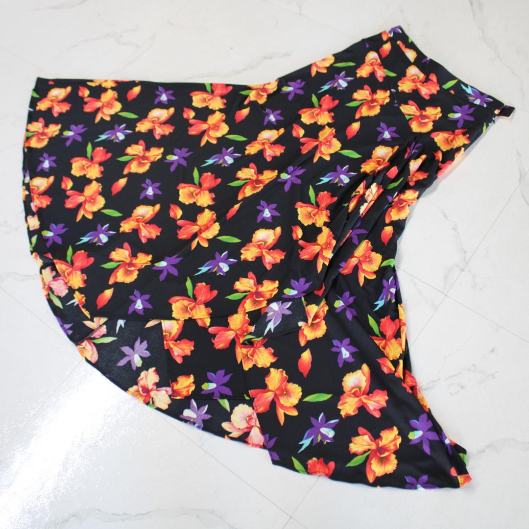 【美品 日本製 社交ダンス衣装】ブラック×花柄 CHACOTT スカート 黒