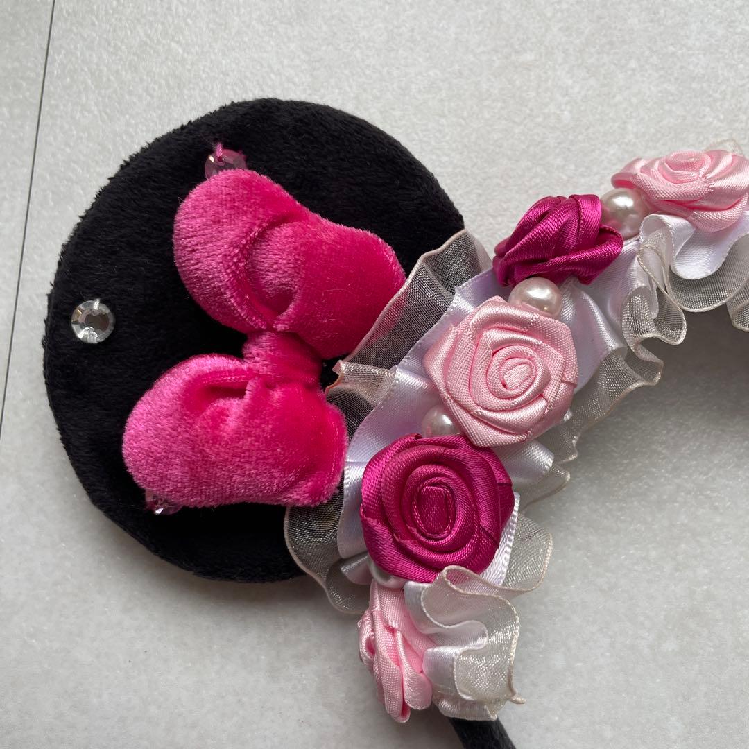 ディズニー　カチューシャ　ミニーちゃん　ピンク　薔薇　パール　レース　フリル