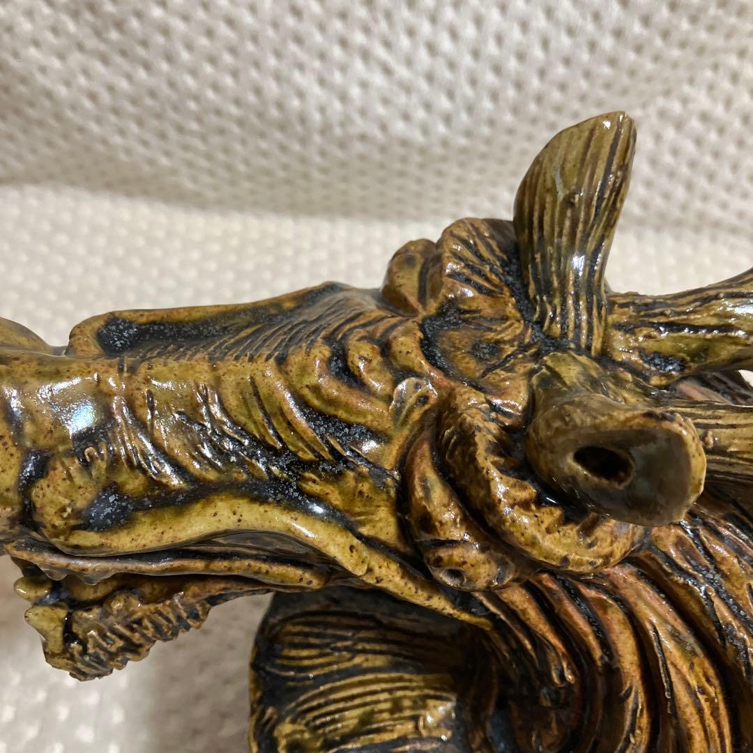 【伝統工芸士 加藤宇助 作】黄瀬戸 龍 陶像 共箱 瀬戸焼 縁起物 欠けあり
