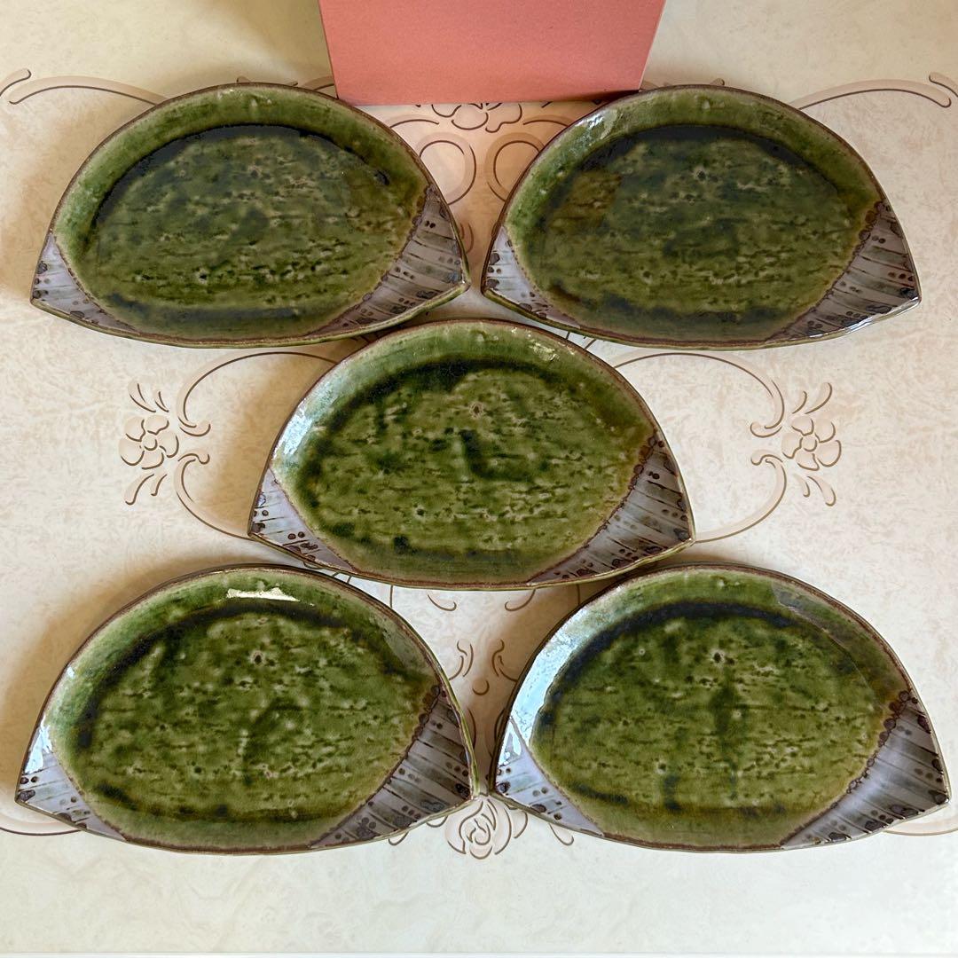 たち吉　織部　長皿揃　５枚セット　半月皿　土物　和皿　中皿　緑　焼物皿　楕円皿