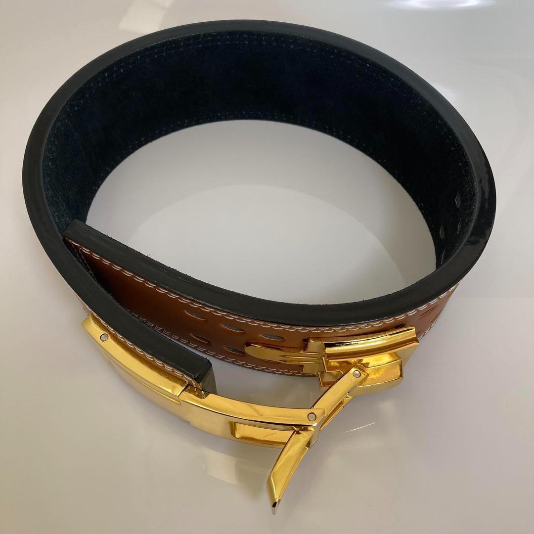 パワーベルト レバーアクション ワンタッチ可変式 L Brown×Gold 本革