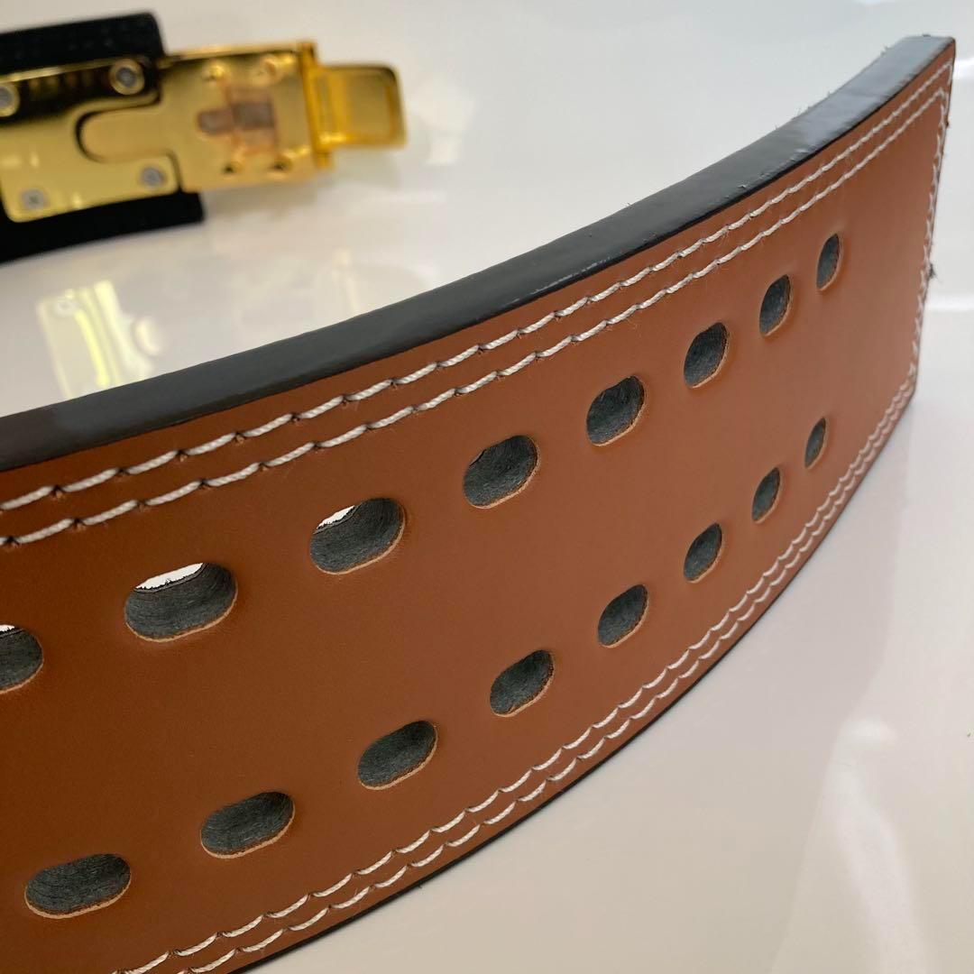 パワーベルト レバーアクション ワンタッチ可変式 L Brown×Gold 本革