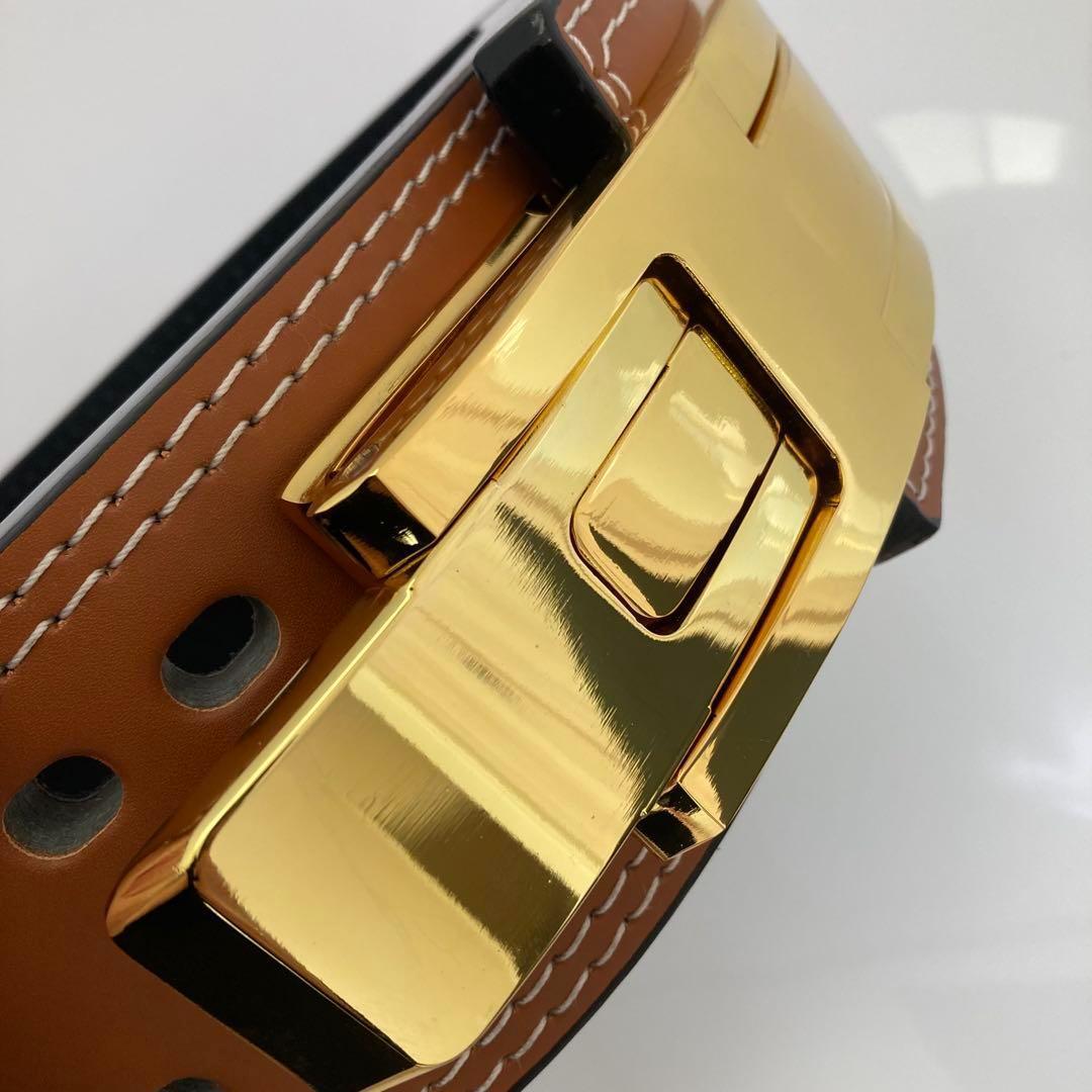 パワーベルト レバーアクション ワンタッチ可変式 L Brown×Gold 本革