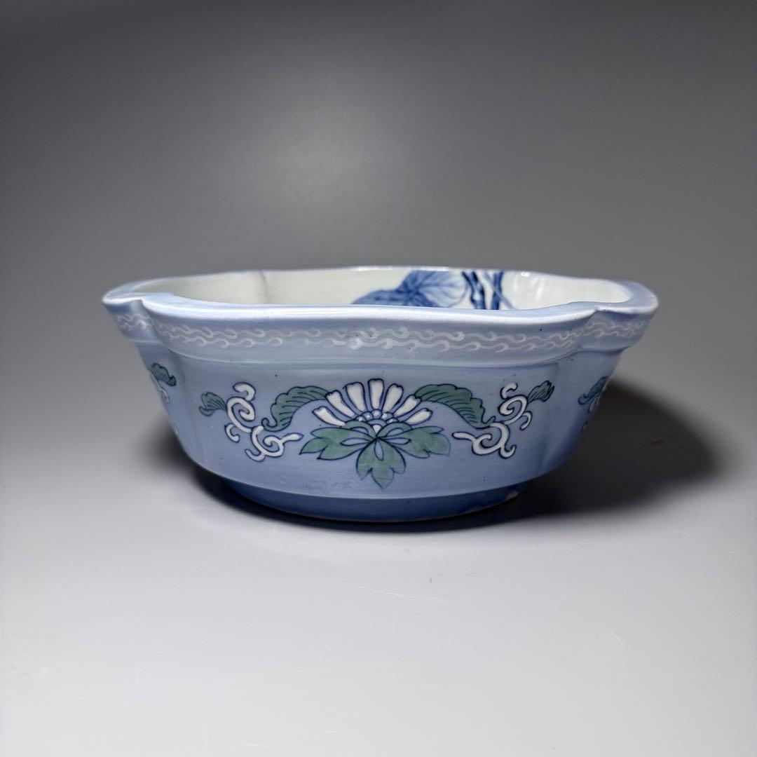 江戸後期〜明治期　古伊万里　染付鶯の図木瓜形鉢　直径24cm　名品　豪商旧蔵品