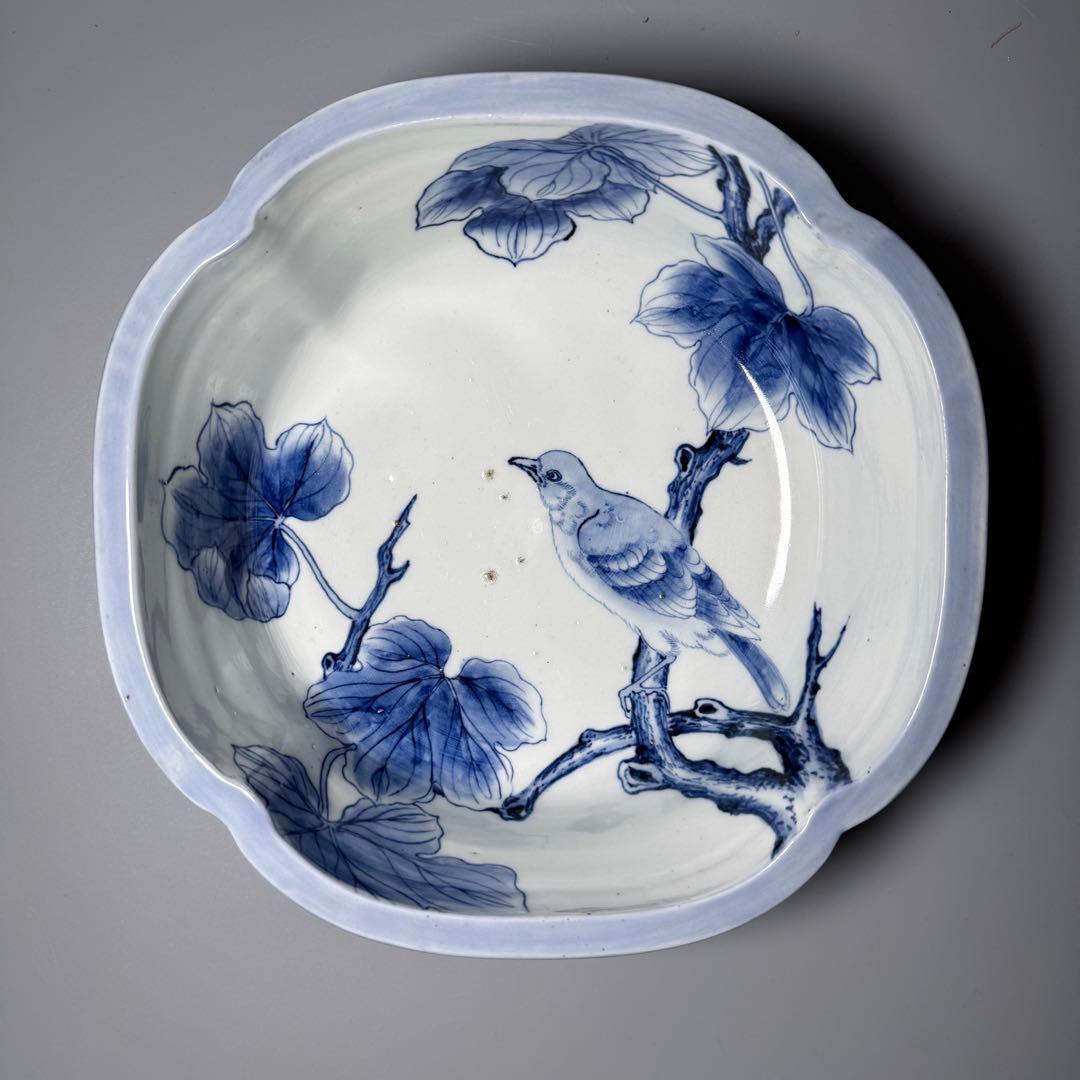 江戸後期〜明治期　古伊万里　染付鶯の図木瓜形鉢　直径24cm　名品　豪商旧蔵品