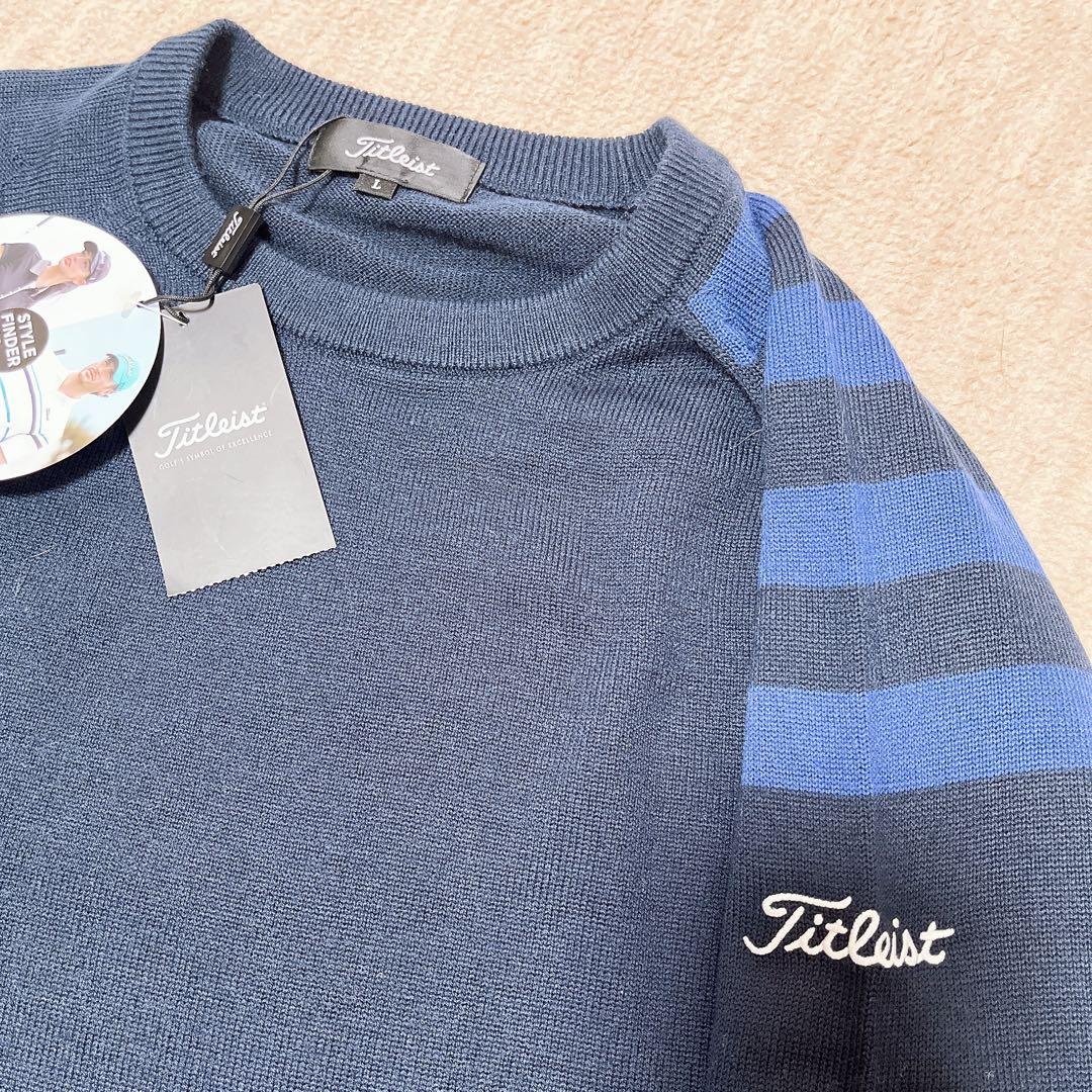 週末現定価格Titleist ネイビー ストライプ クルーネックニット Ｌゴルフ