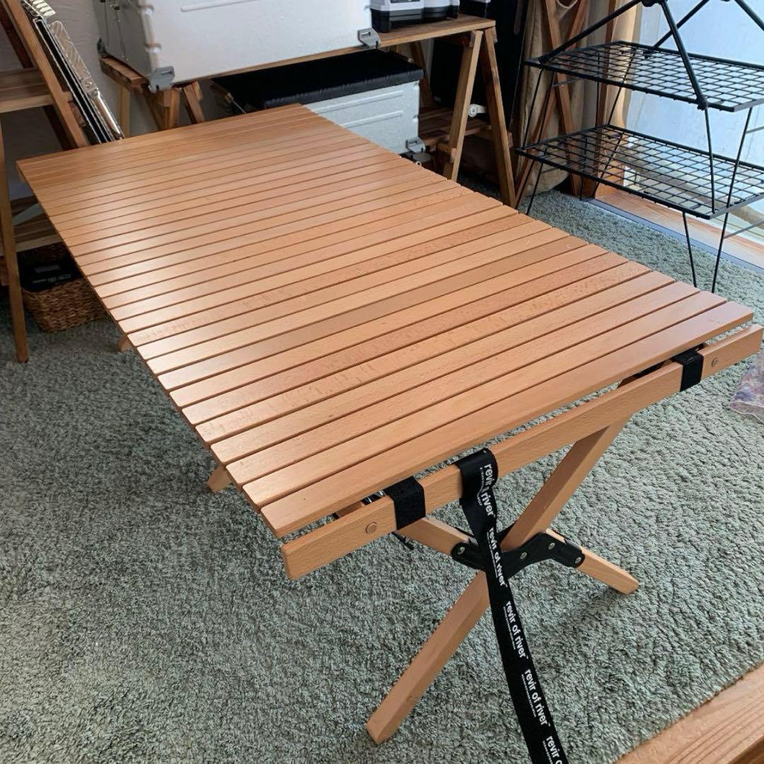 レビールオブリバー ウッドロールテーブル 120cm アルミ縞板天板