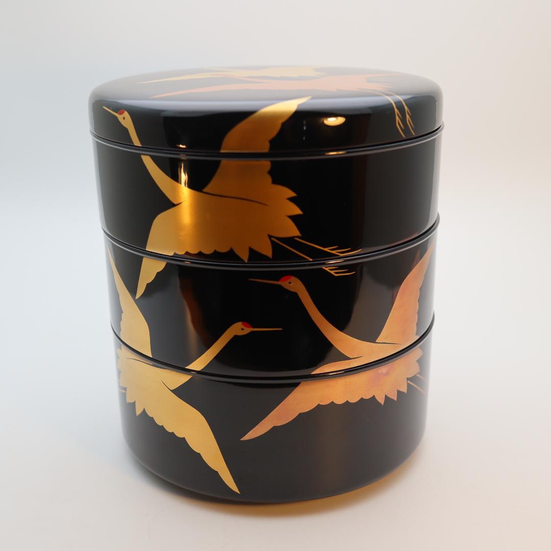 輪島塗　鶴蒔絵　三段重箱　丸型　丸重箱