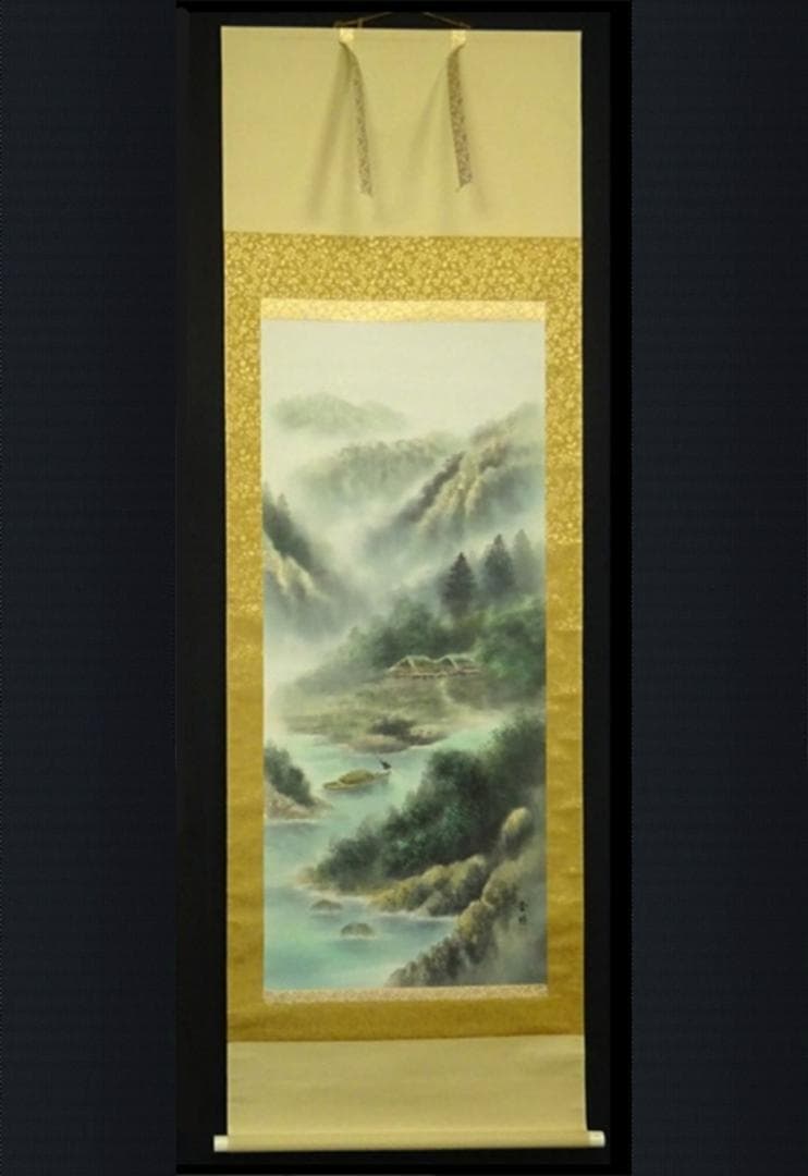 掛軸 綾部栄照『彩色山水図』絹本 共箱付 良好品 掛け軸 a080520-2