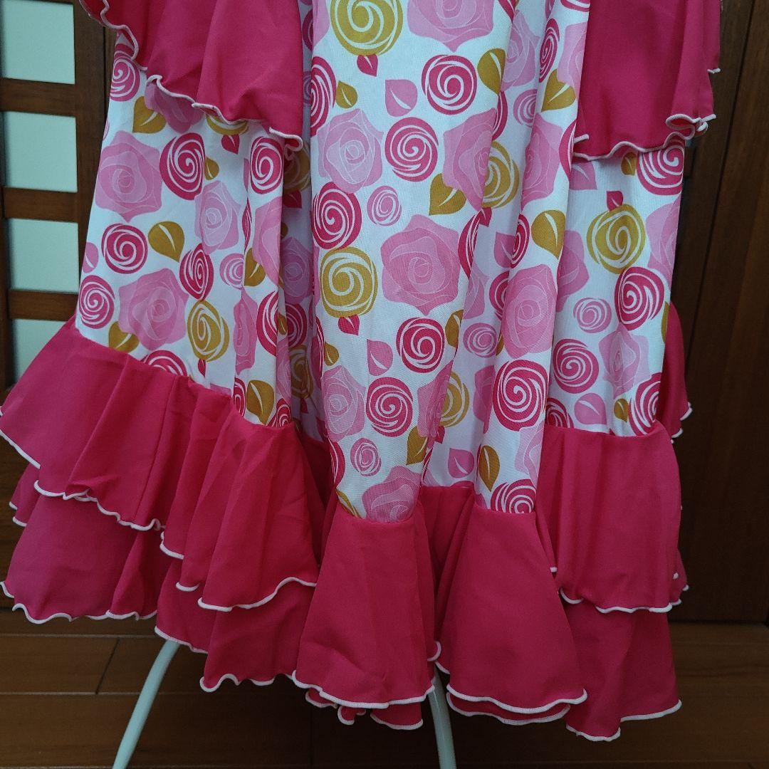 フラメンコドレス ピンク花柄 フリル付き