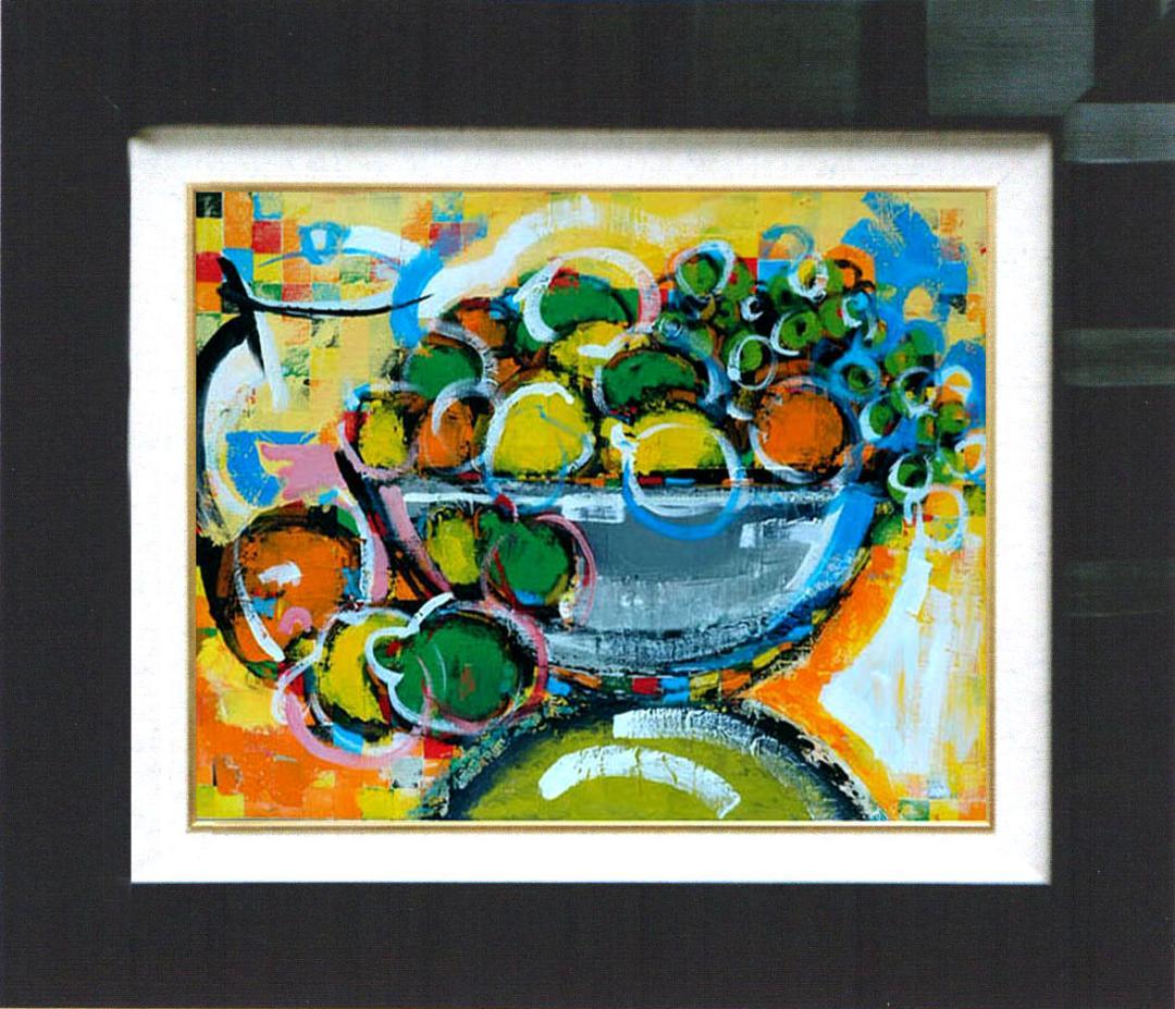 油絵菅家令子絵 絵画インテリア額付(青緑＋金色の枠)uF6-061604果物花瓶