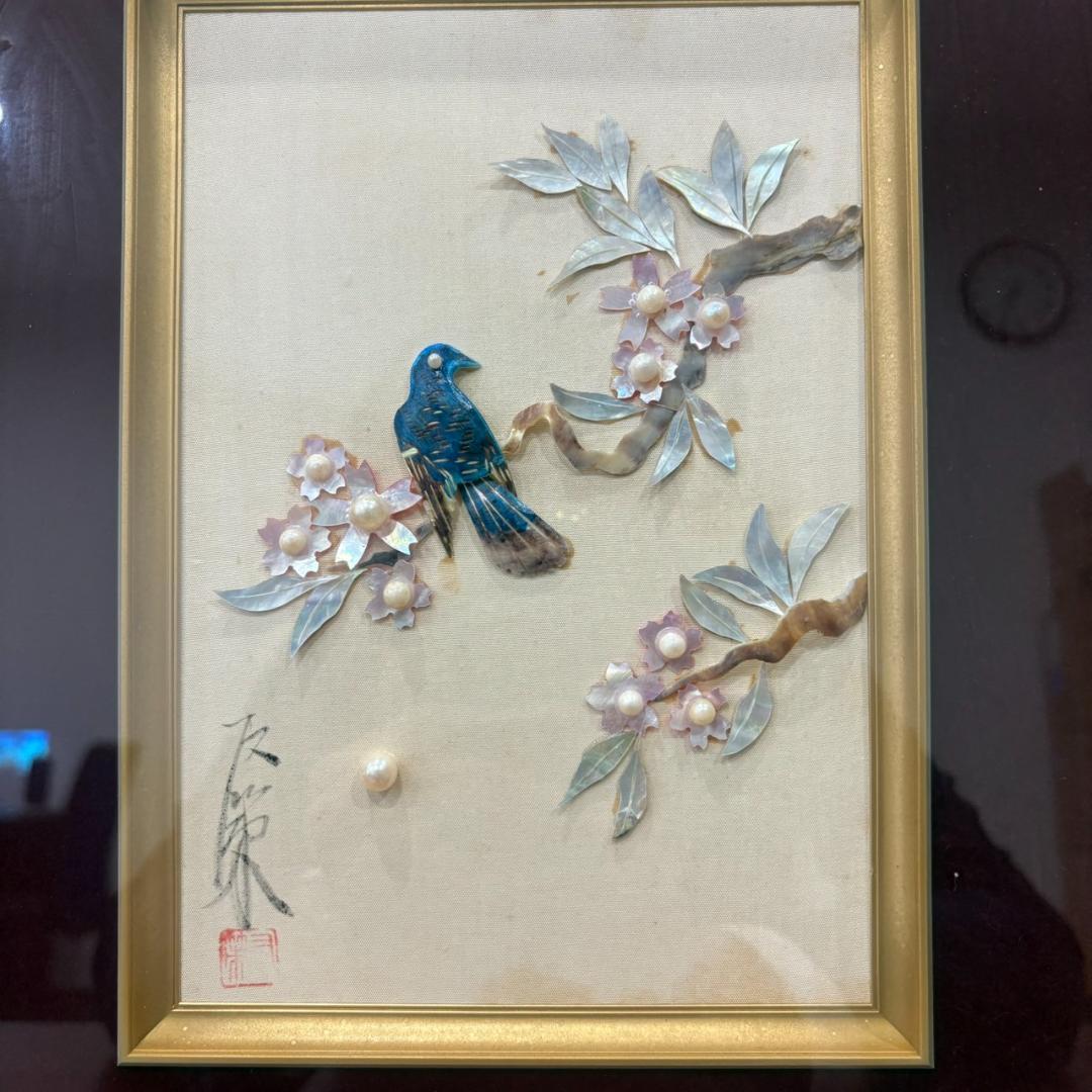 鳥 花細工 額装 アート 貝細工 立体工芸 和風インテリア 壁掛け