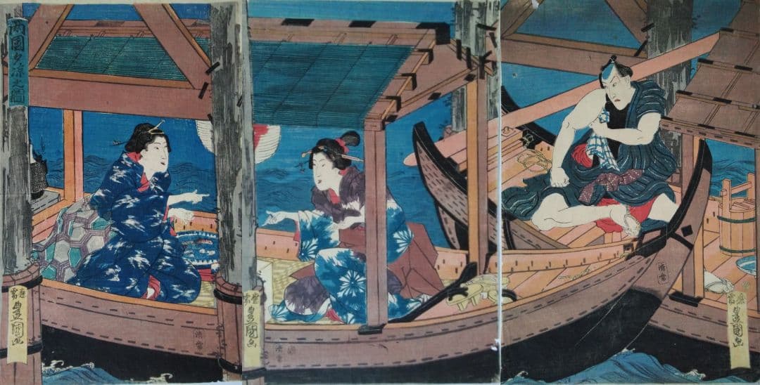 浮世絵　両国夕涼み之図　三代豊国　三枚続き