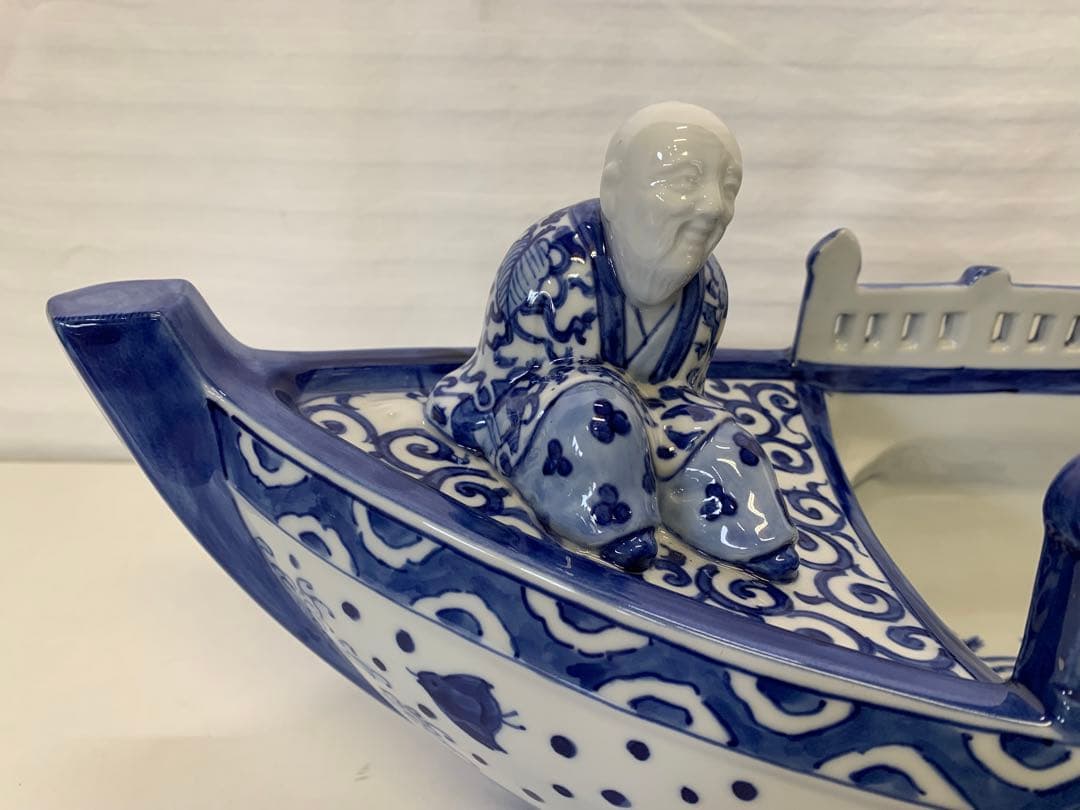 新品 九谷焼 染付 波千鳥 船置物 時代物 床飾り