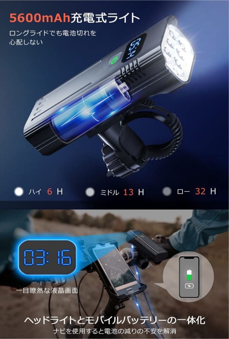 自転車 ライト 【2022新型 8個強力ランプ 5600mAh】