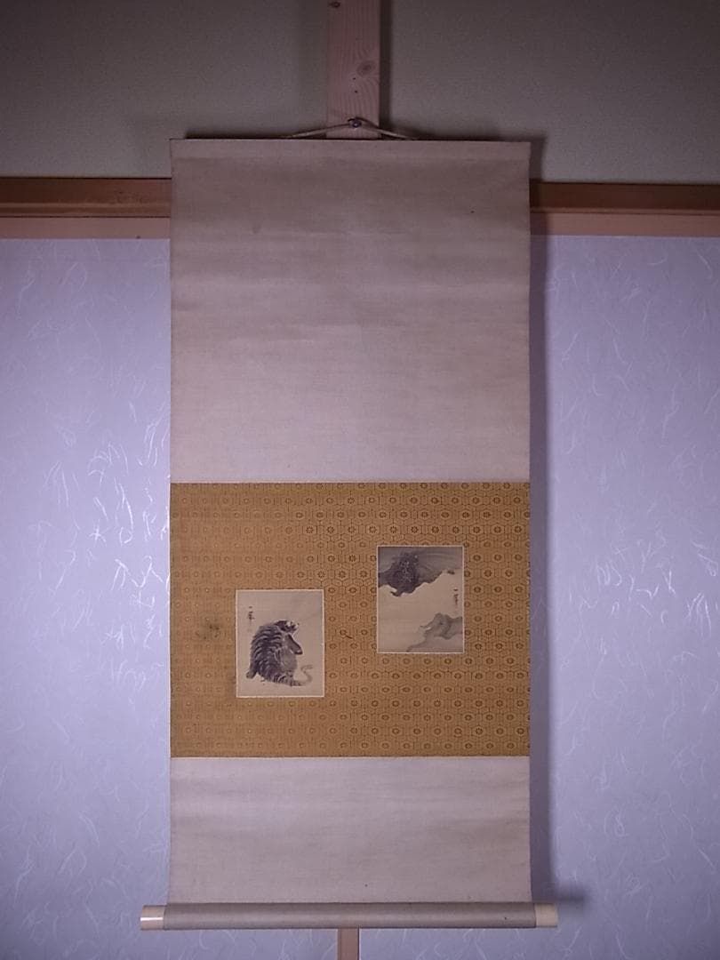 『森一鳳真蹟墨画龍虎小品張合』掛軸　箱付