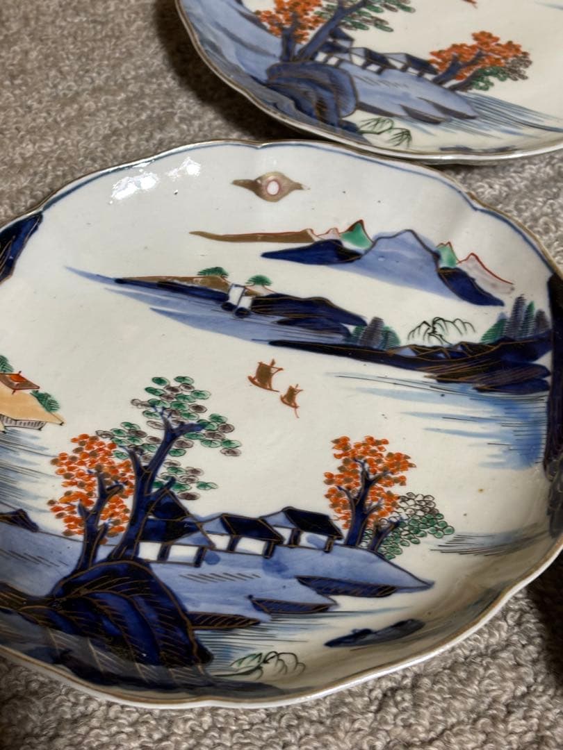 古伊万里 染付 金彩 色絵 金欄手山水図 輪花 24cm 中皿 江戸後期