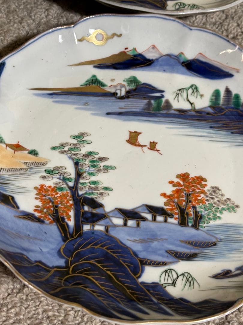 古伊万里 染付 金彩 色絵 金欄手山水図 輪花 24cm 中皿 江戸後期