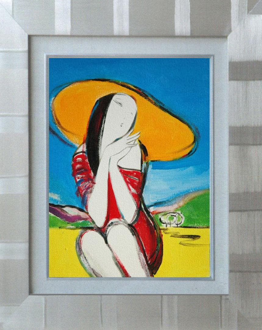 油絵 菅家令子 絵 絵画 インテリア 額付(青緑＋銀) F3-010511 女性