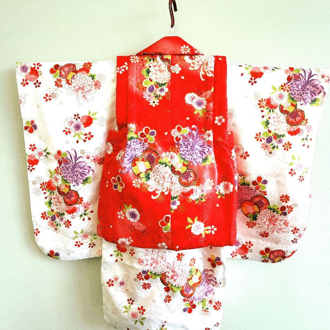 美品　七五三　３歳女の子　長着＆被布＆長襦袢＆小物　白×赤　地紋　桜鼓菊うさぎ