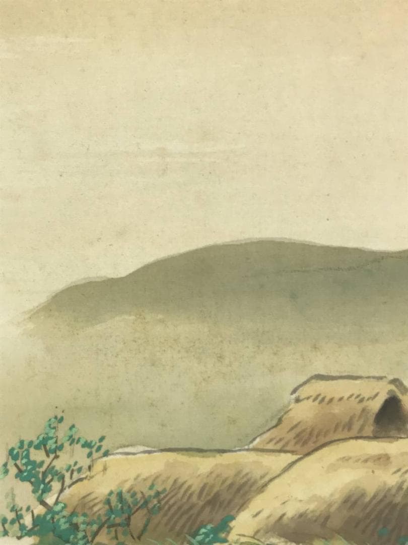 【真作】林文塘/水村新緑図/横物/山水漁舟図/山水図/掛軸☆宝船☆AD-446