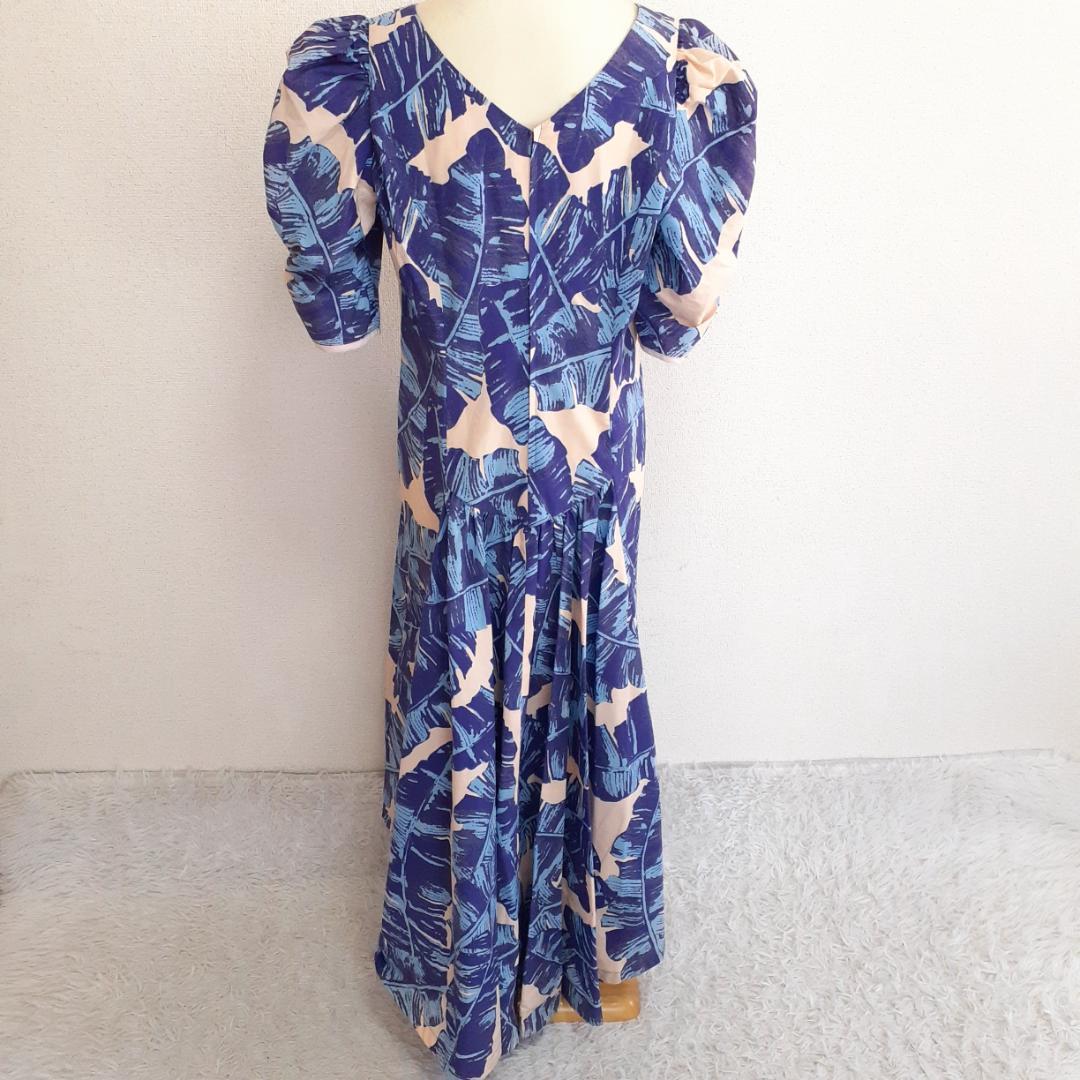 美品◎メネフネプランテーション フラダンス用ドレス ブルー系 青系 リーフ柄