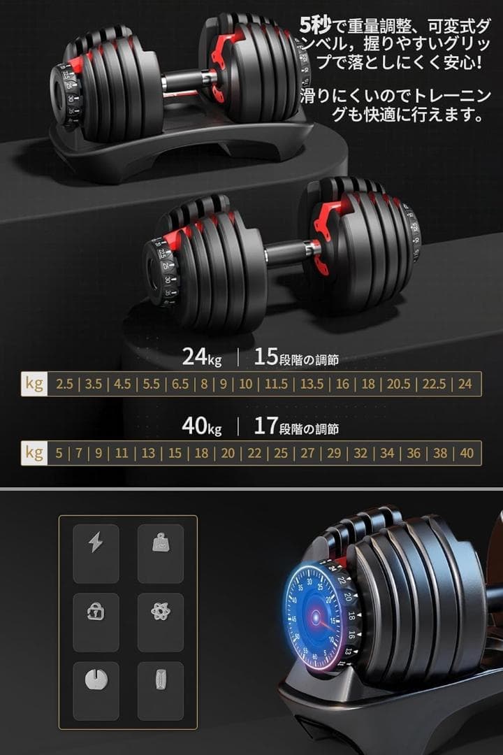 【AnYoker】可変式ダンベル 40kg 1個 2025年購入 ①/②