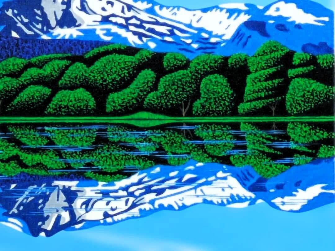 ★鳥海山と湖・肉筆油彩画・F6キャンバス