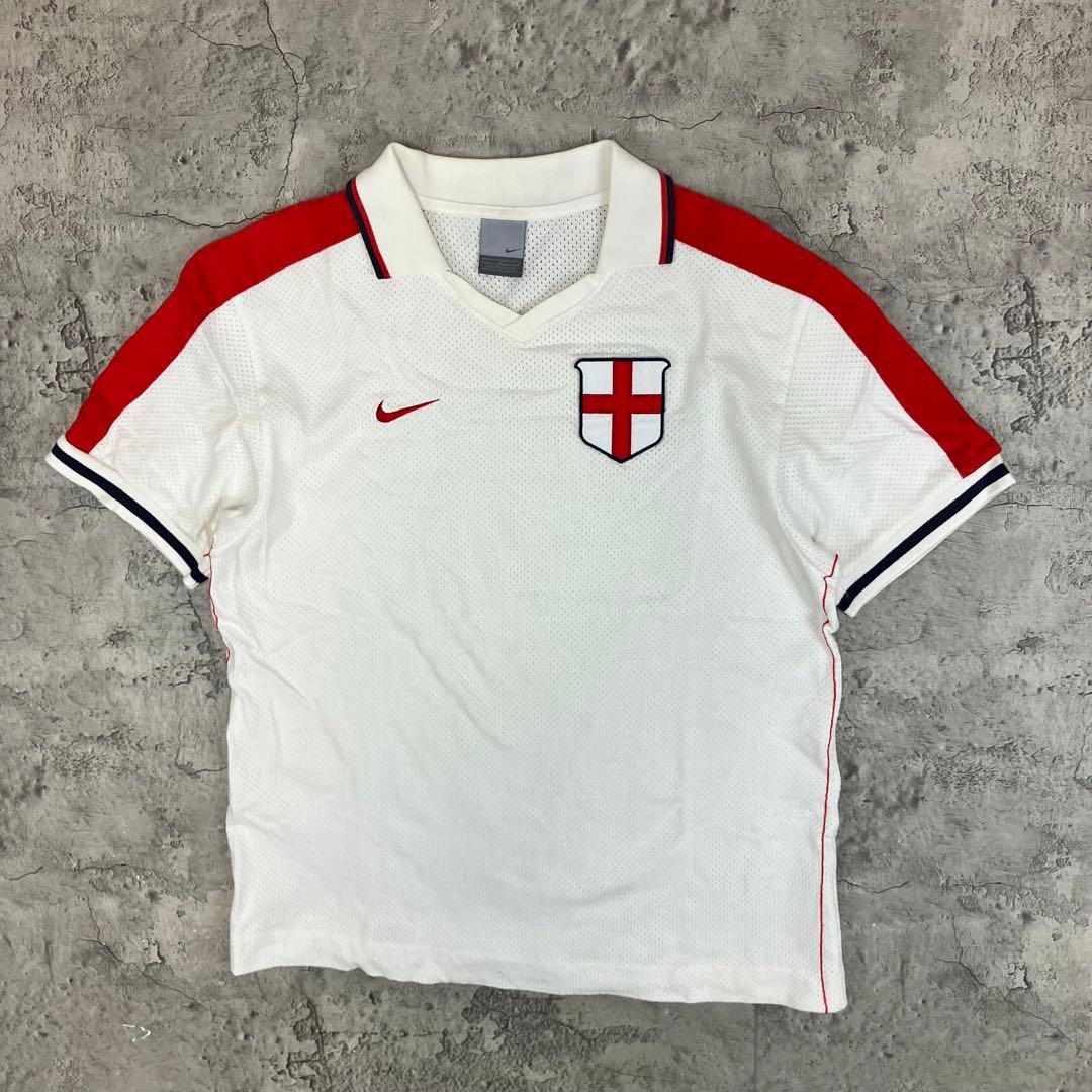 00s NIKE サッカーイングランド代表 ポロシャツ 古着 刺繍 国旗 白 L