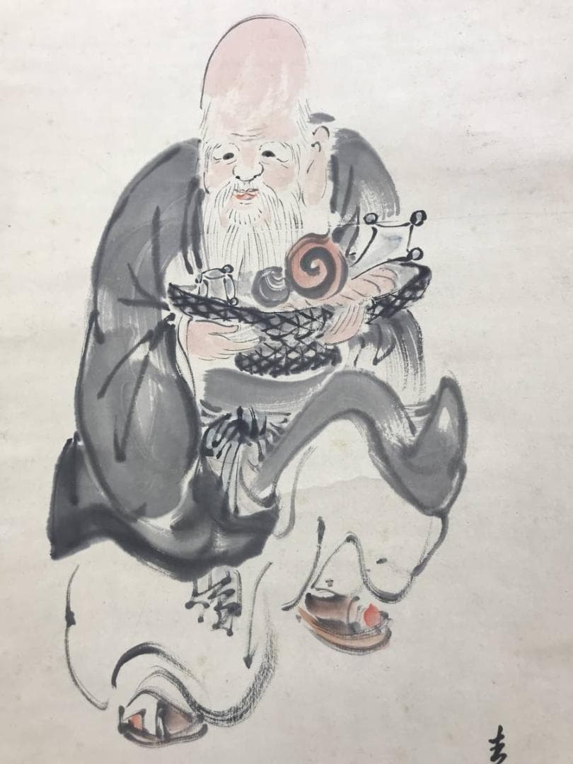 【真作】青邨/寿老人図/人物図/掛軸/名家伝来/AD-218