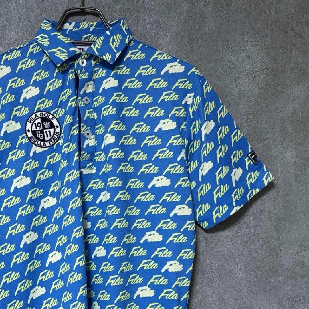 FILA GOLF フィラゴルフ 半袖 ポロシャツ ロゴ 総柄 ブルー M