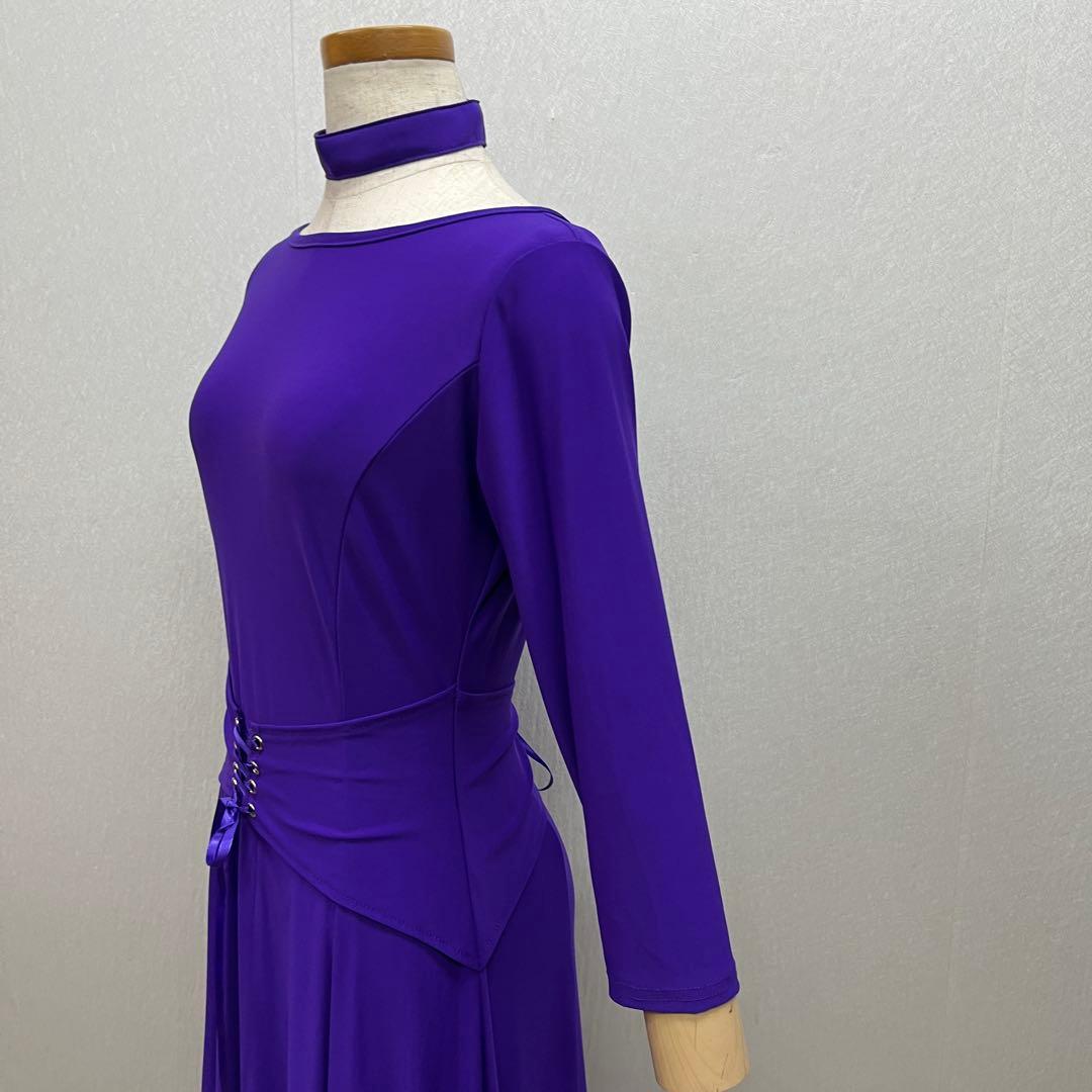 新品 社交ダンス ワンピース 青紫 無地 サイズML
