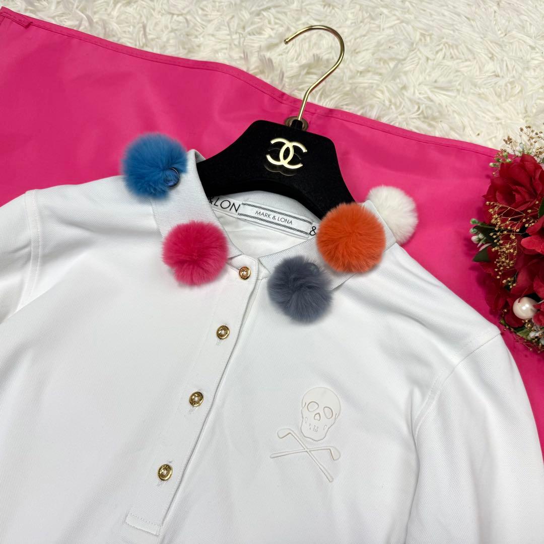 美品⭐️マークアンドロナ ゴルフウェア ポロシャツ スカル ロゴ ゴールド 白M